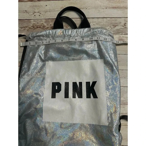 Victoria's Secret PINK Drawstring Backpack Iridescent Silver - Picture 2 of 5